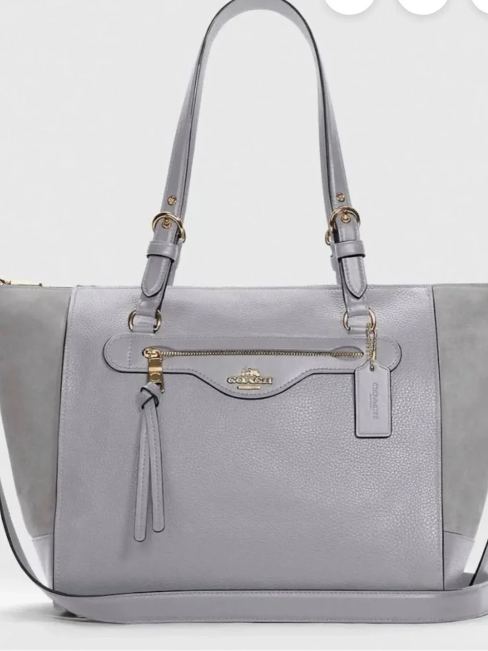 Coach Light Gray Leather with Suede Carryall Tote with Gold Hardware